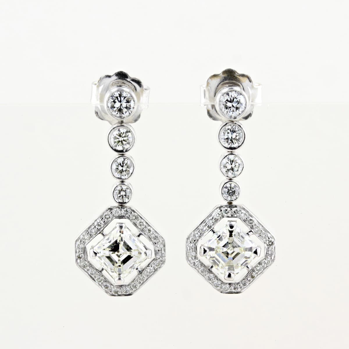 18ct White Gold Asscher Cut Diamond Drop Earrings