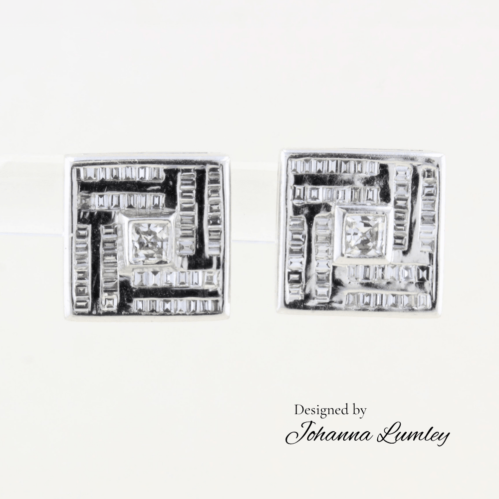 Custom Cut Amity and Baguette Diamond Earrings Designed by Johanna Lumley