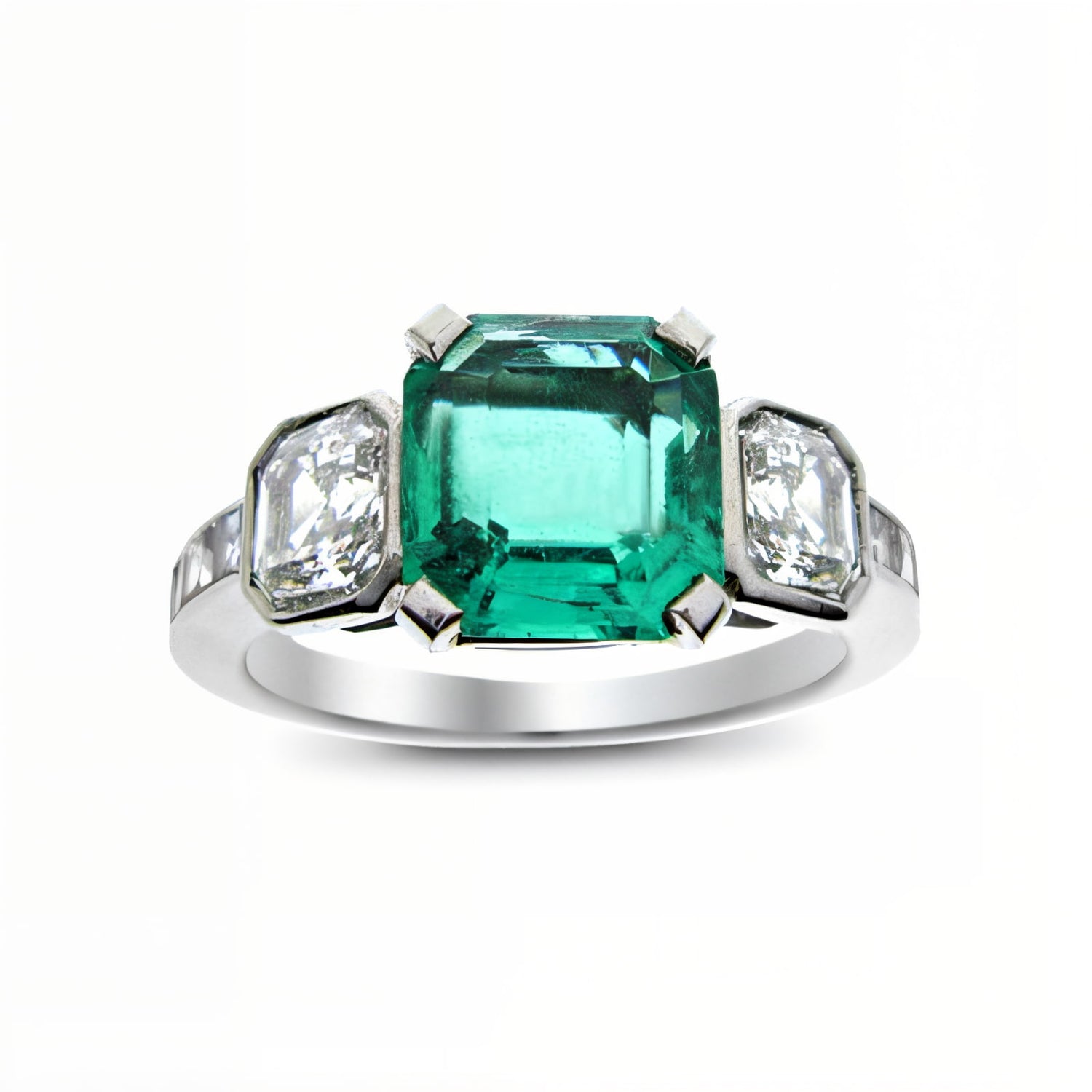 Darling Emerald and Asscher Diamond Three Stone Ring