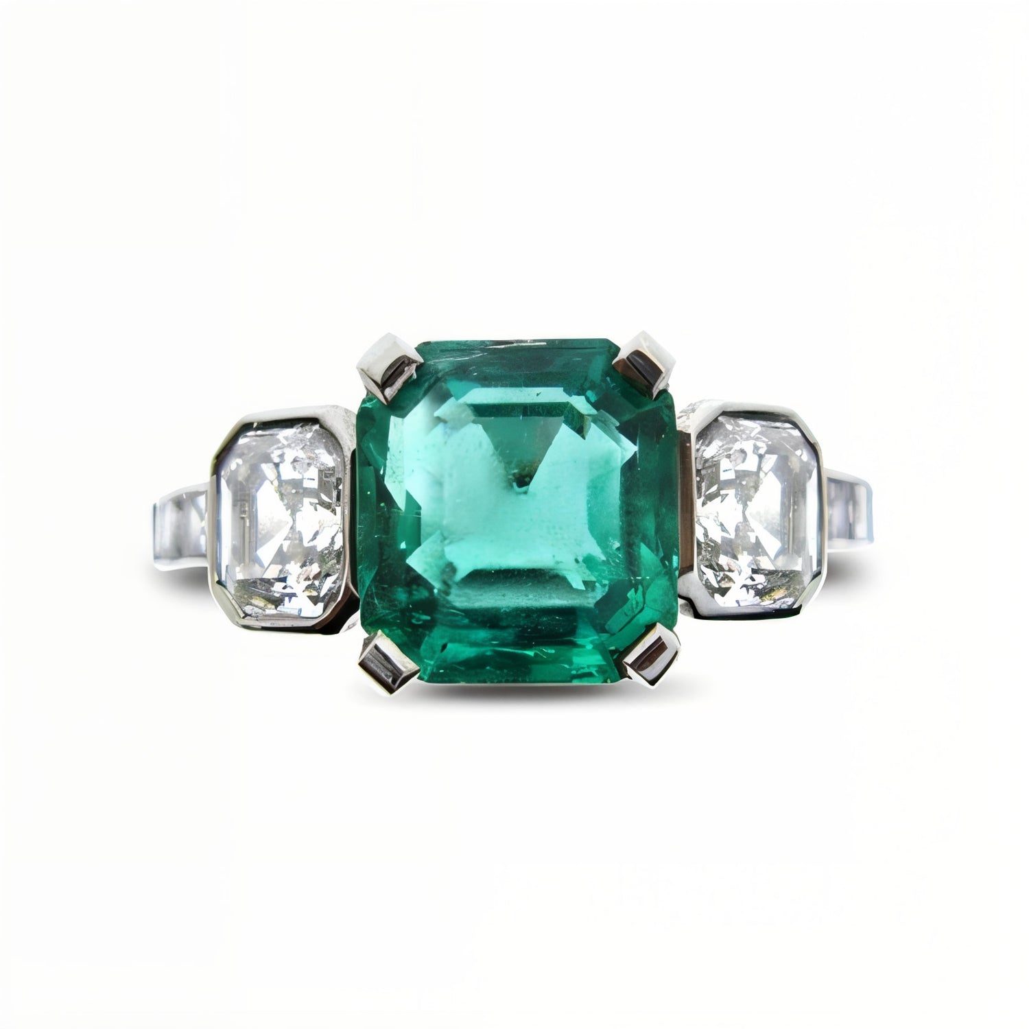 Darling Emerald and Asscher Diamond Three Stone Ring
