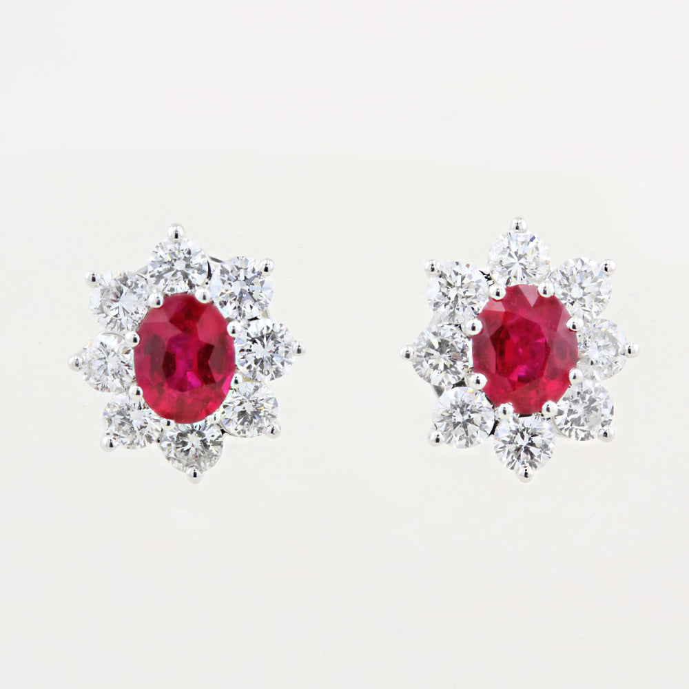 Ruby and Diamond Cluster Stud Earrings