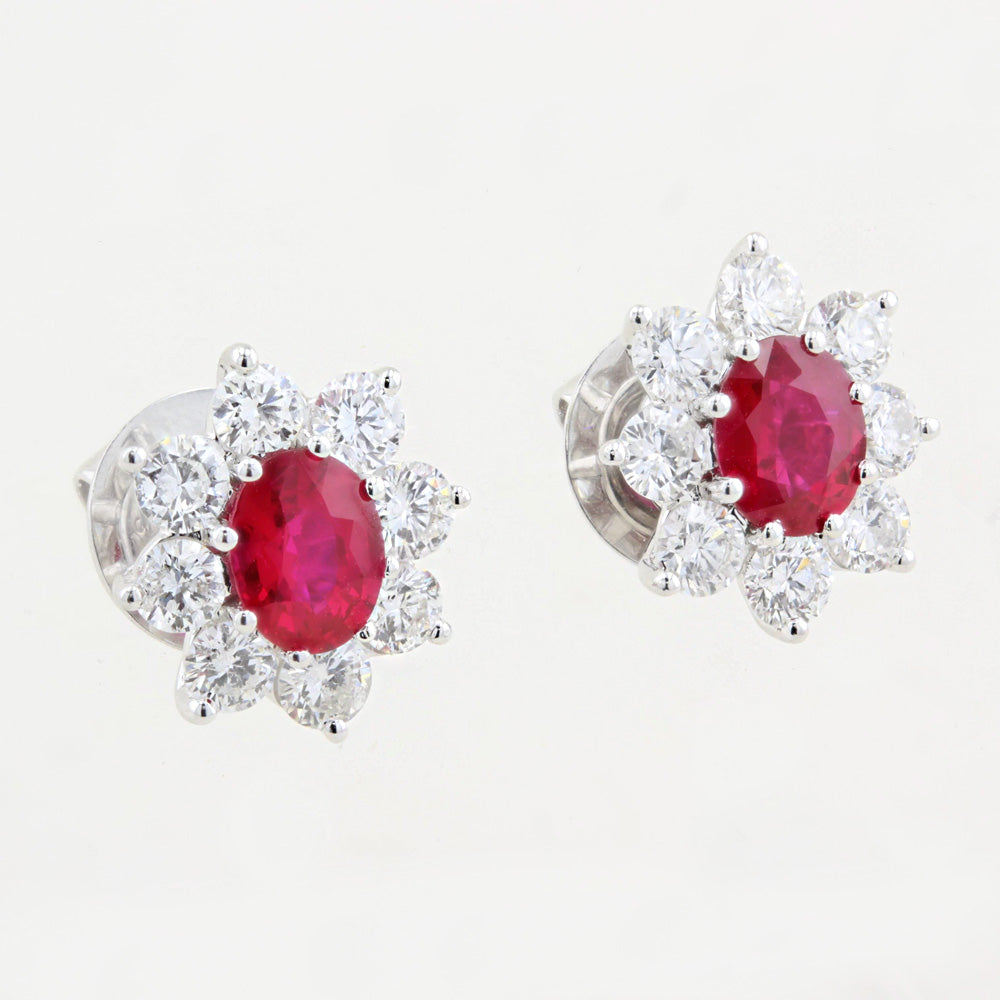 Ruby and Diamond Cluster Stud Earrings