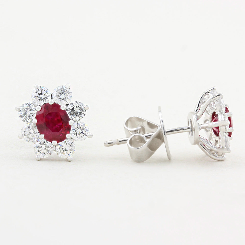 Ruby and Diamond Cluster Stud Earrings