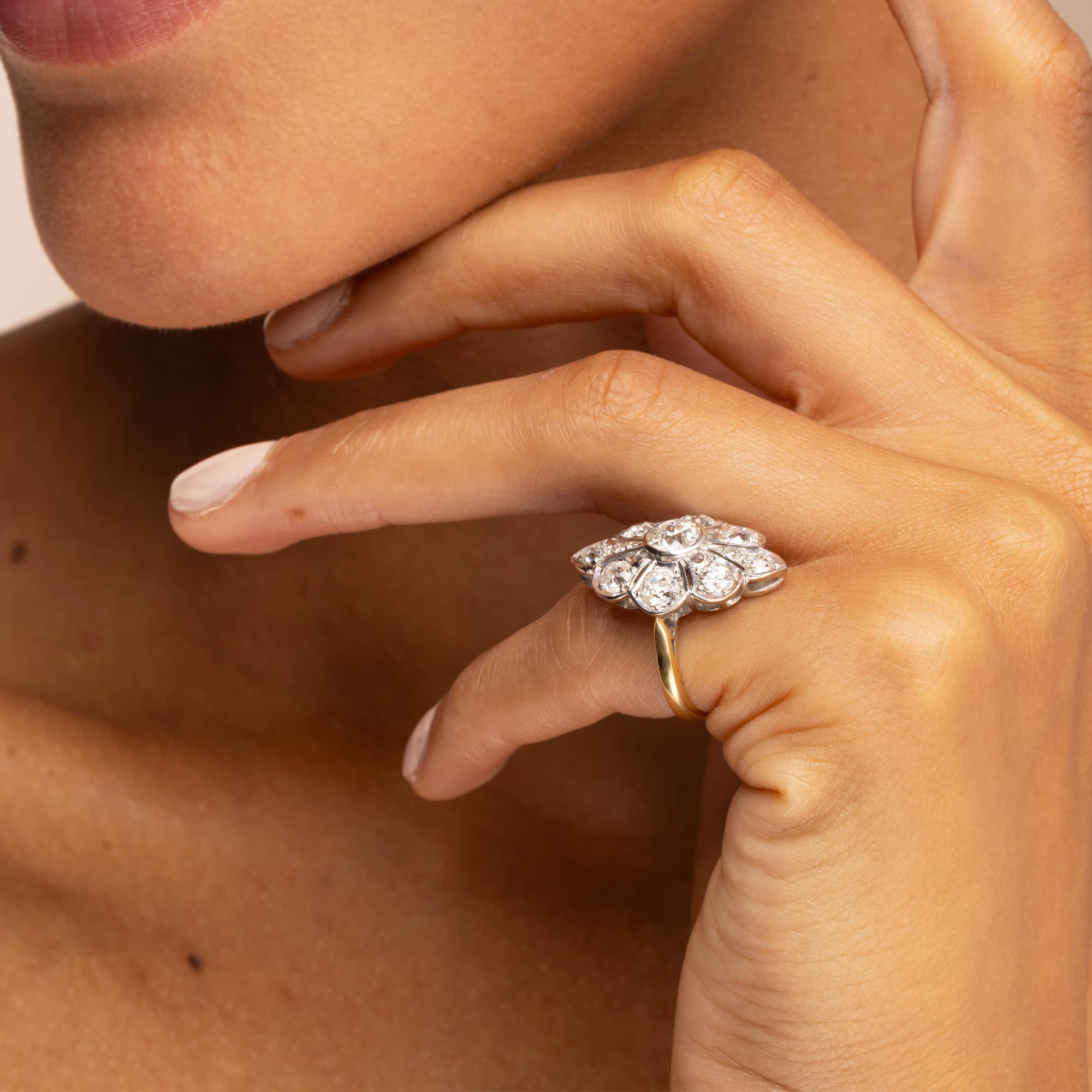 Vintage Old Cut Diamond Cluster Panel Ring