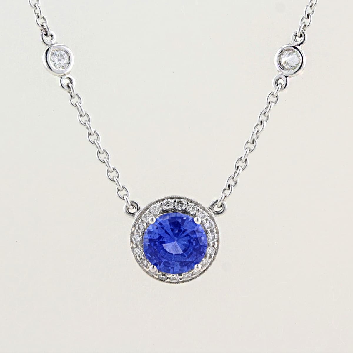 Blue Sapphire & Diamond Halo Necklet