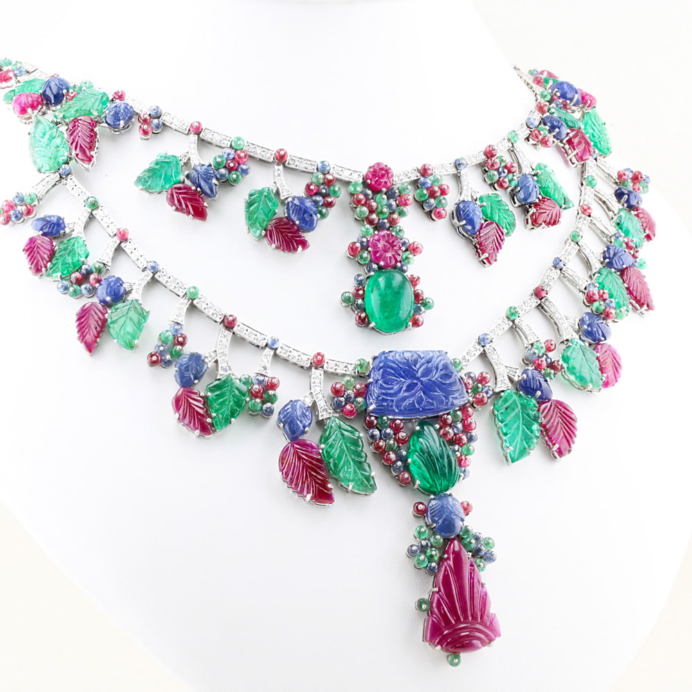 Diamond and Carved Natural Fine Gemstone Necklace
