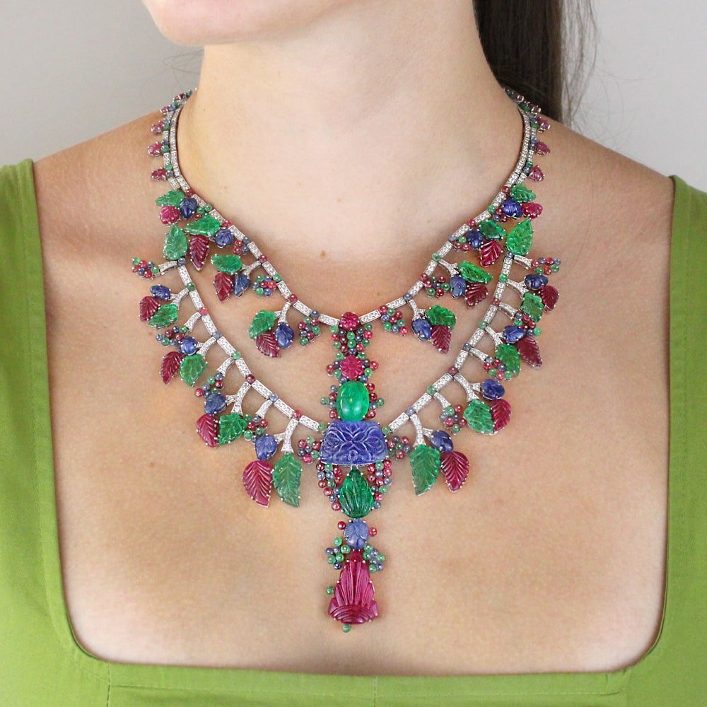 Diamond and Carved Natural Fine Gemstone Necklace