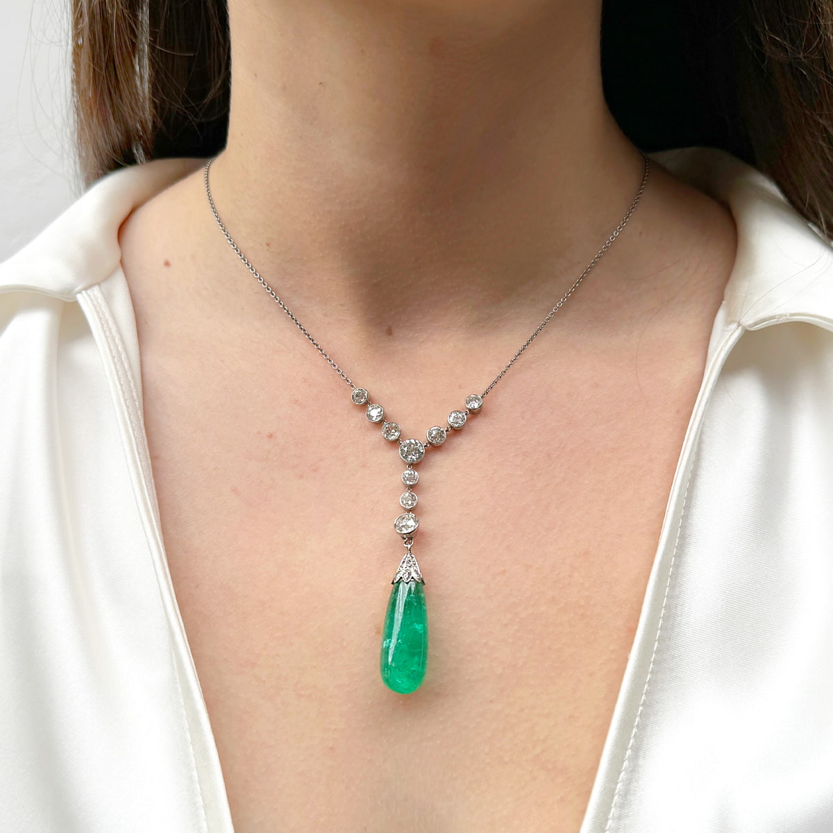 Antique 30ct Emerald and Old Cut Diamond Drop Pendant