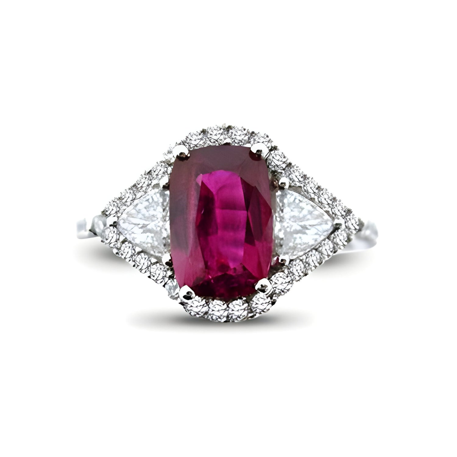 Ruby and Diamond Three Stone Halo Dress Ring