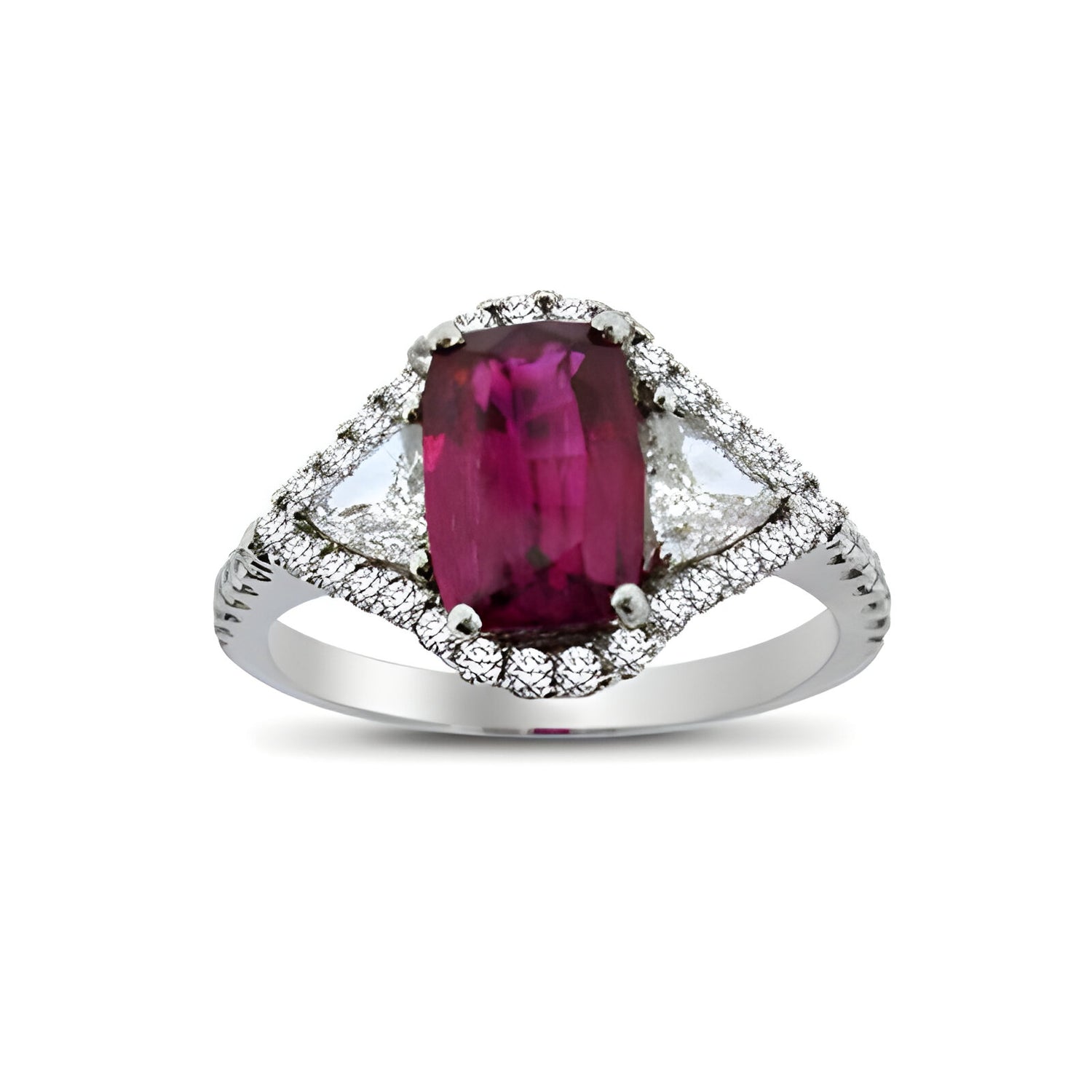 Ruby and Diamond Three Stone Halo Dress Ring