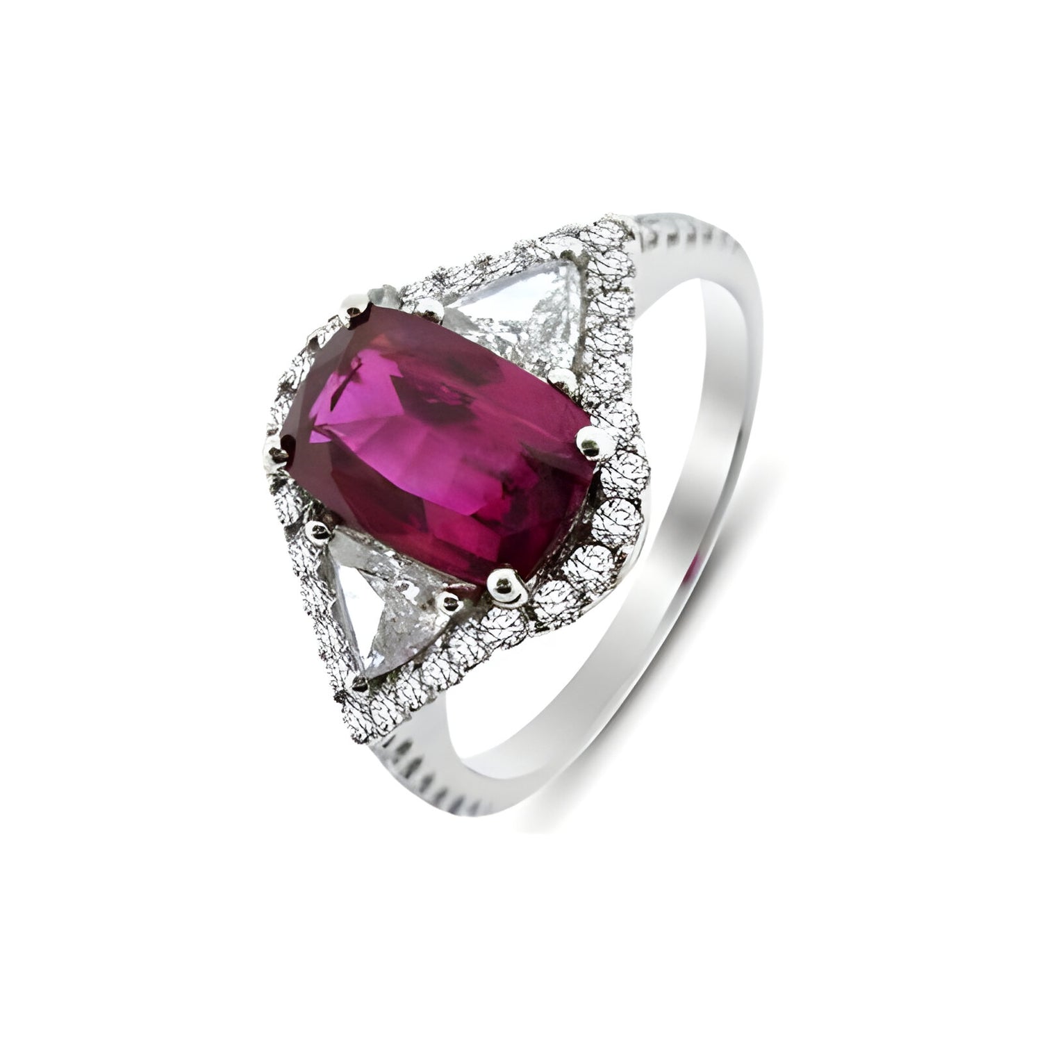 Ruby and Diamond Three Stone Halo Dress Ring