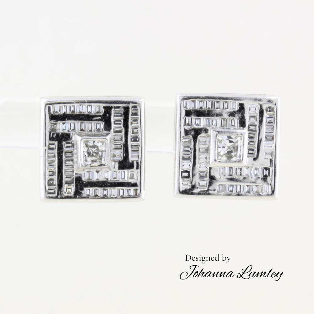 Custom Cut Amity and Baguette Diamond Earrings Designed by Johanna Lumley