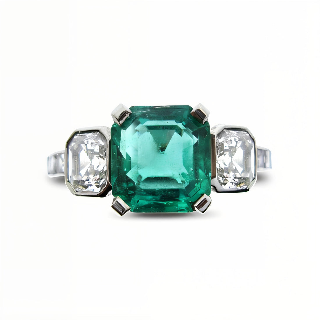 Darling Emerald and Asscher Diamond Three Stone Ring