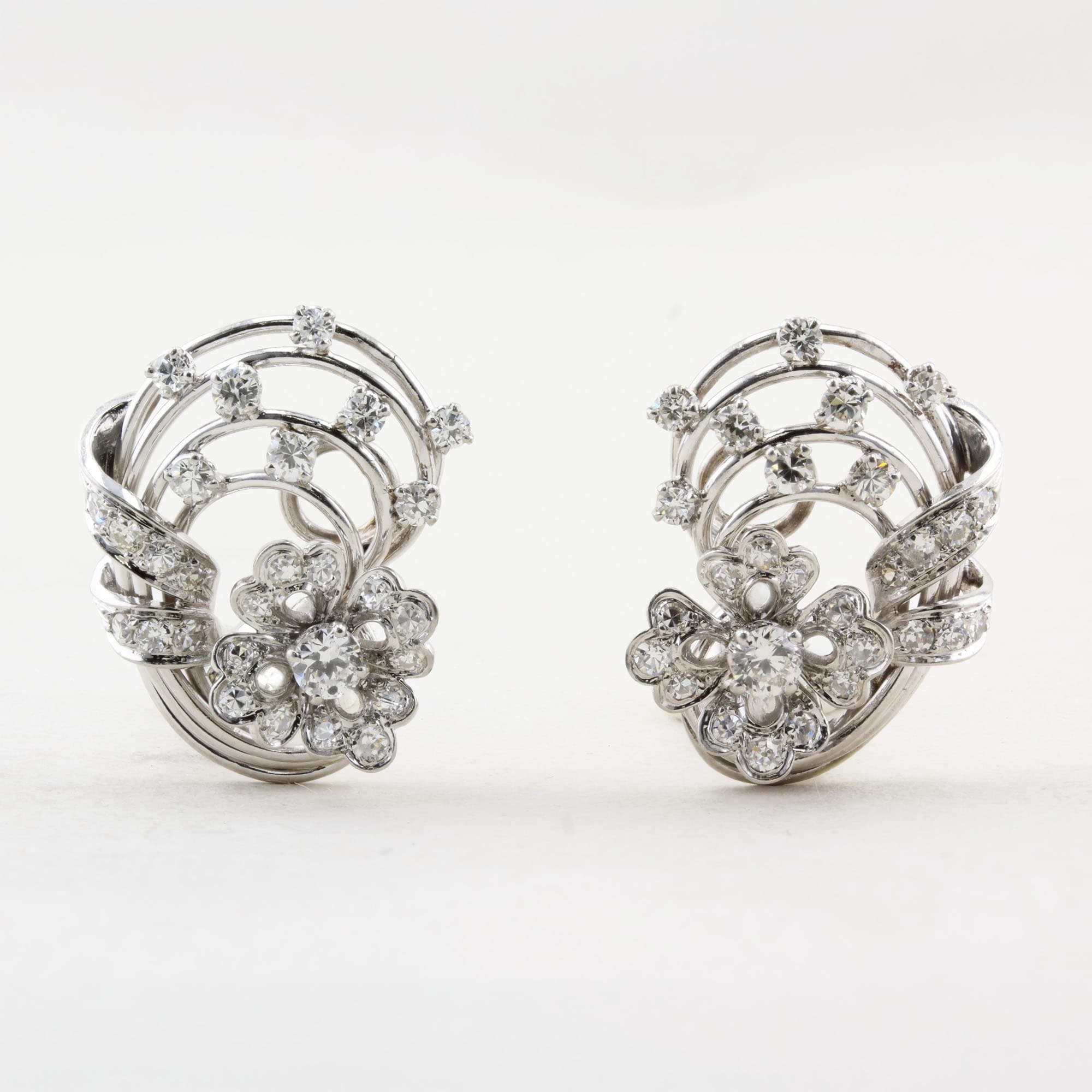Vintage French Floral Design Diamond Earrings C.1950s