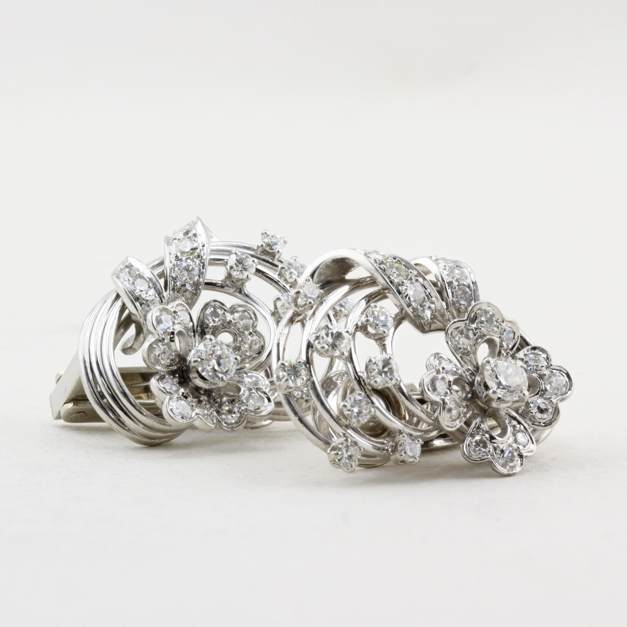 Vintage French Floral Design Diamond Earrings C.1950s