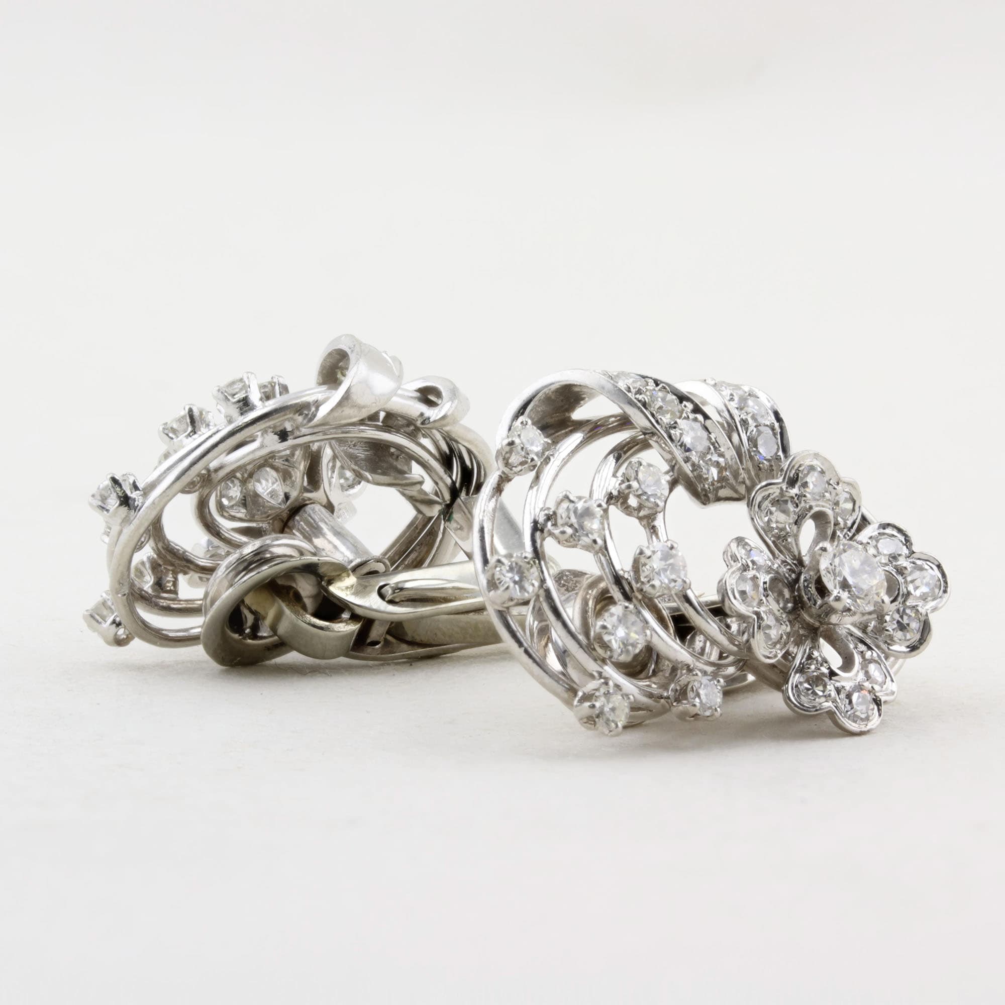 Vintage French Floral Design Diamond Earrings C.1950s