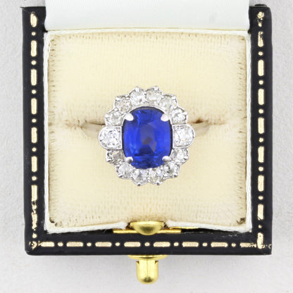 Vintage 3.00ct Sapphire &amp; Old Cut Diamond Cluster Ring
