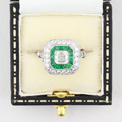 Art Deco Style Diamond and Emerald Target Ring