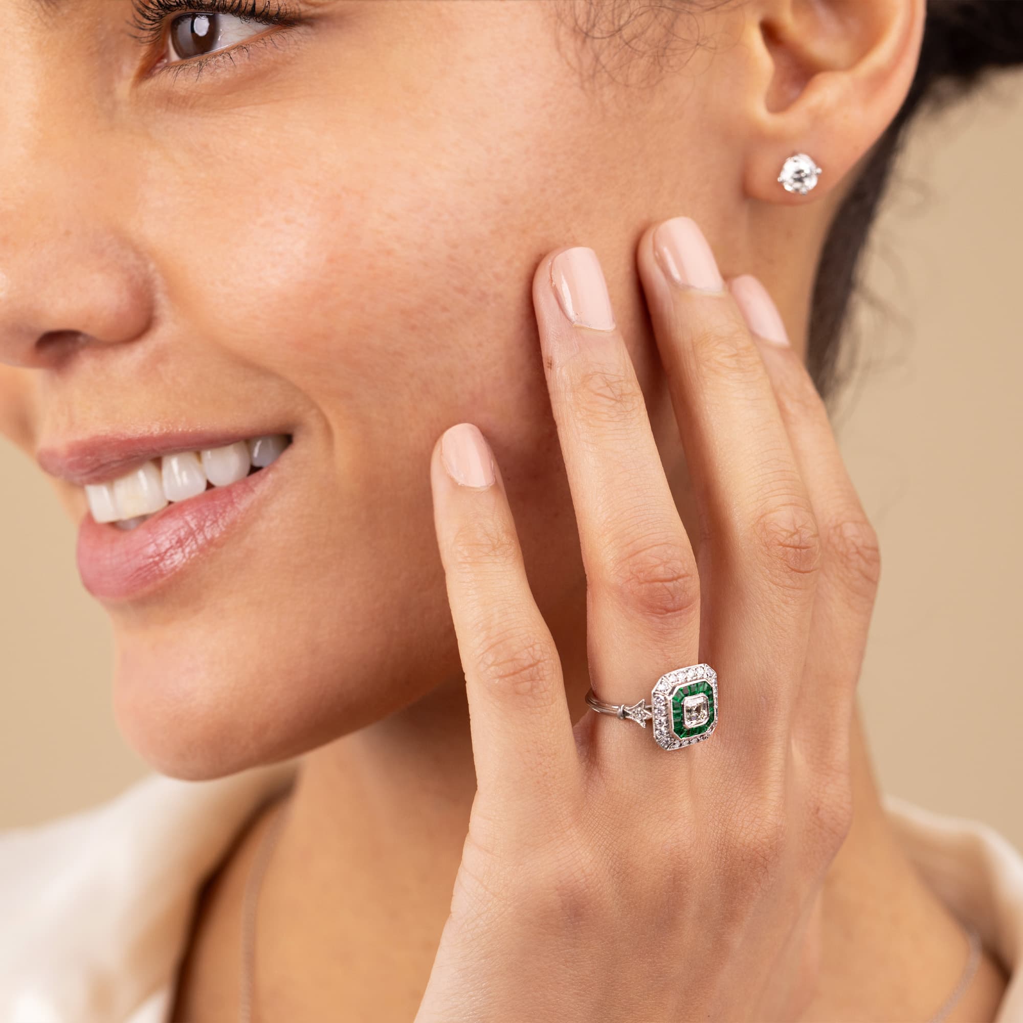 Art Deco Style Diamond and Emerald Target Ring
