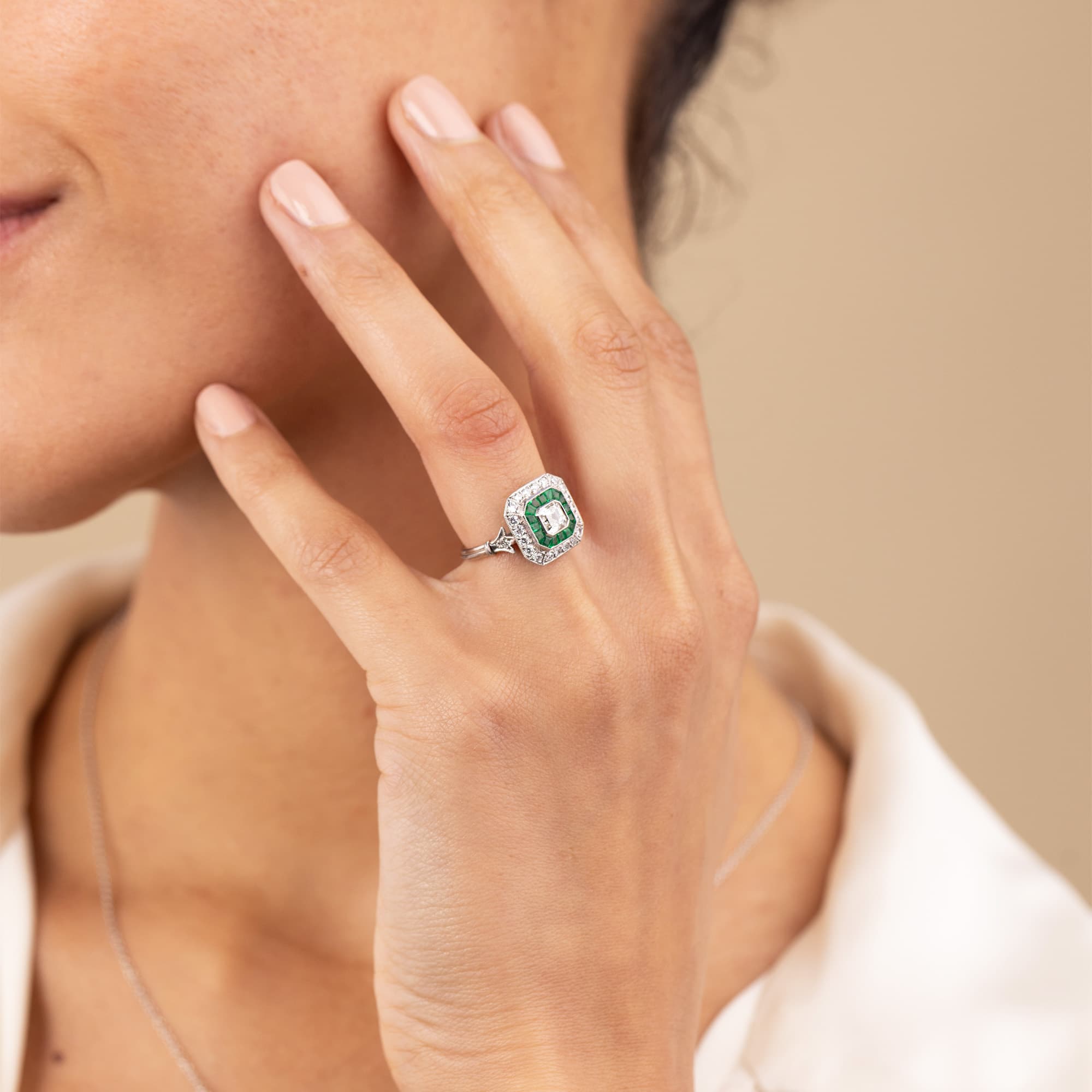 Art Deco Style Diamond and Emerald Target Ring