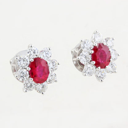 Ruby and Diamond Cluster Stud Earrings