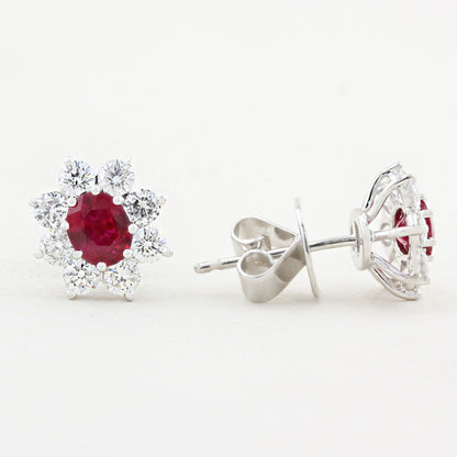 Ruby and Diamond Cluster Stud Earrings