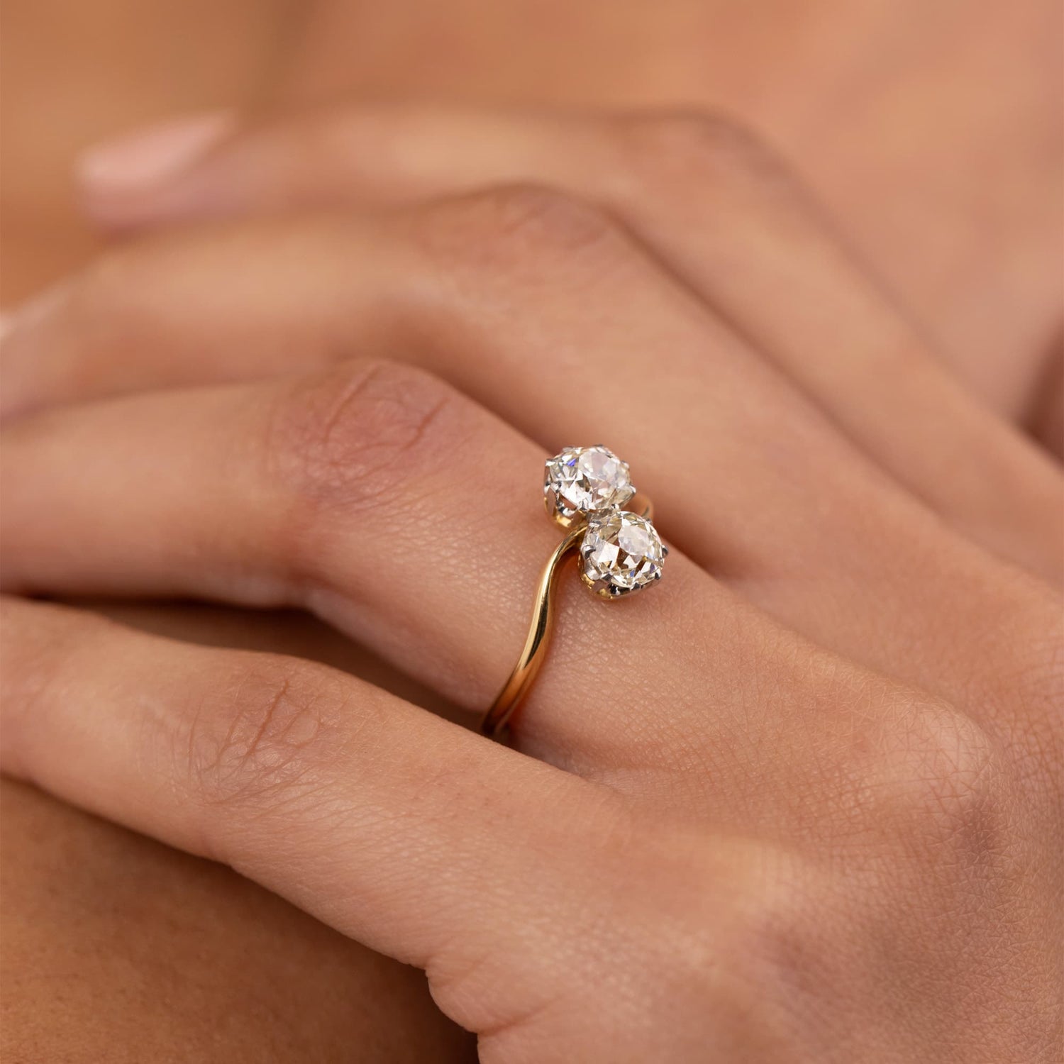 Old Cut Diamond Two Stone Wave Ring