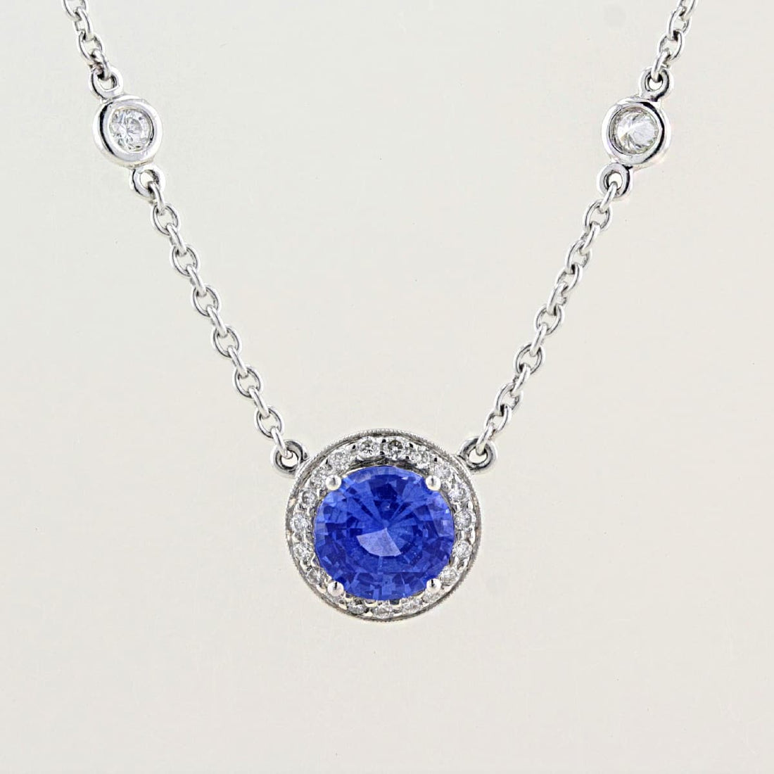 Blue Sapphire &amp; Diamond Halo Necklet