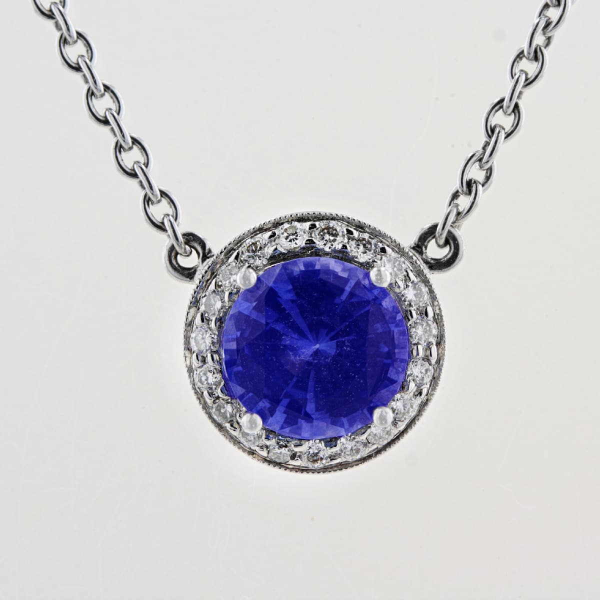 Blue Sapphire &amp; Diamond Halo Necklet