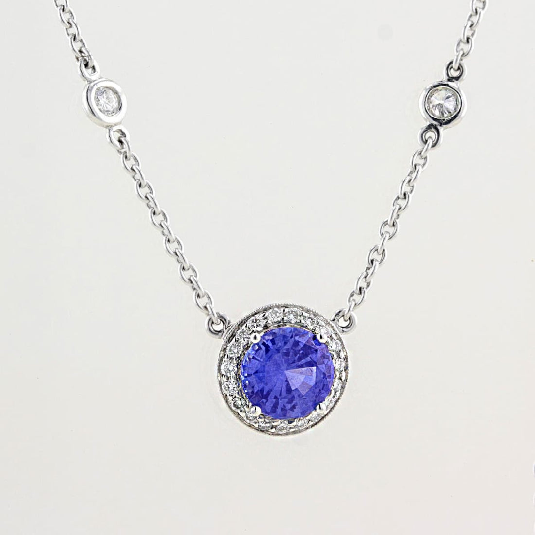 Blue Sapphire &amp; Diamond Halo Necklet