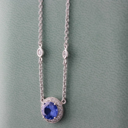 Blue Sapphire &amp; Diamond Halo Necklet