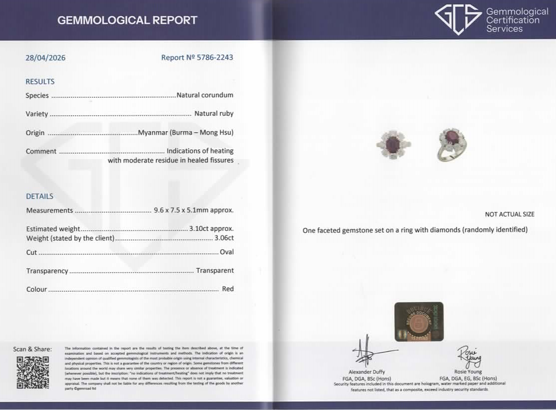 Rare Certified Burma Ruby and Diamond Cluster Ring