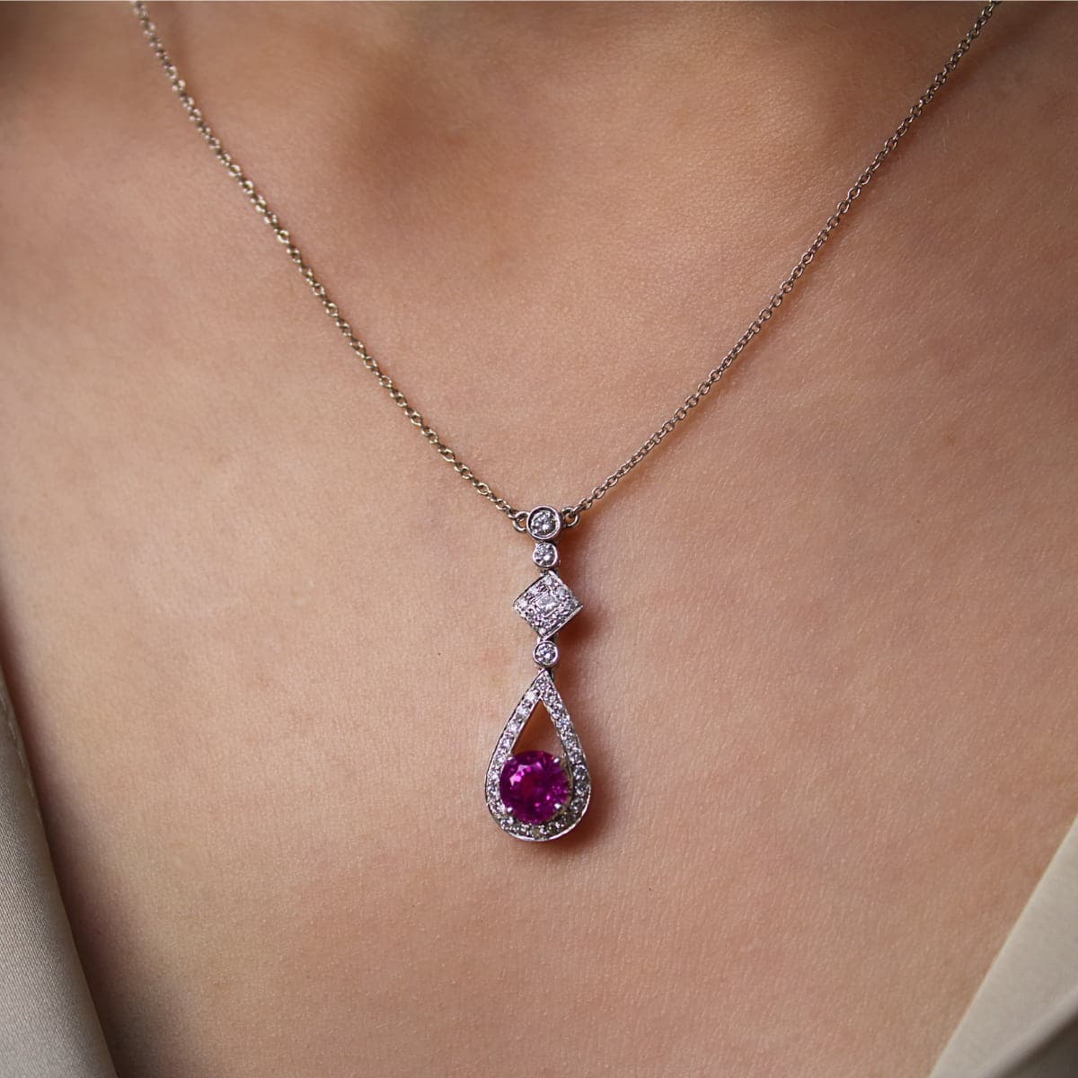 Pink Sapphire &amp; Diamond Drop Pendant
