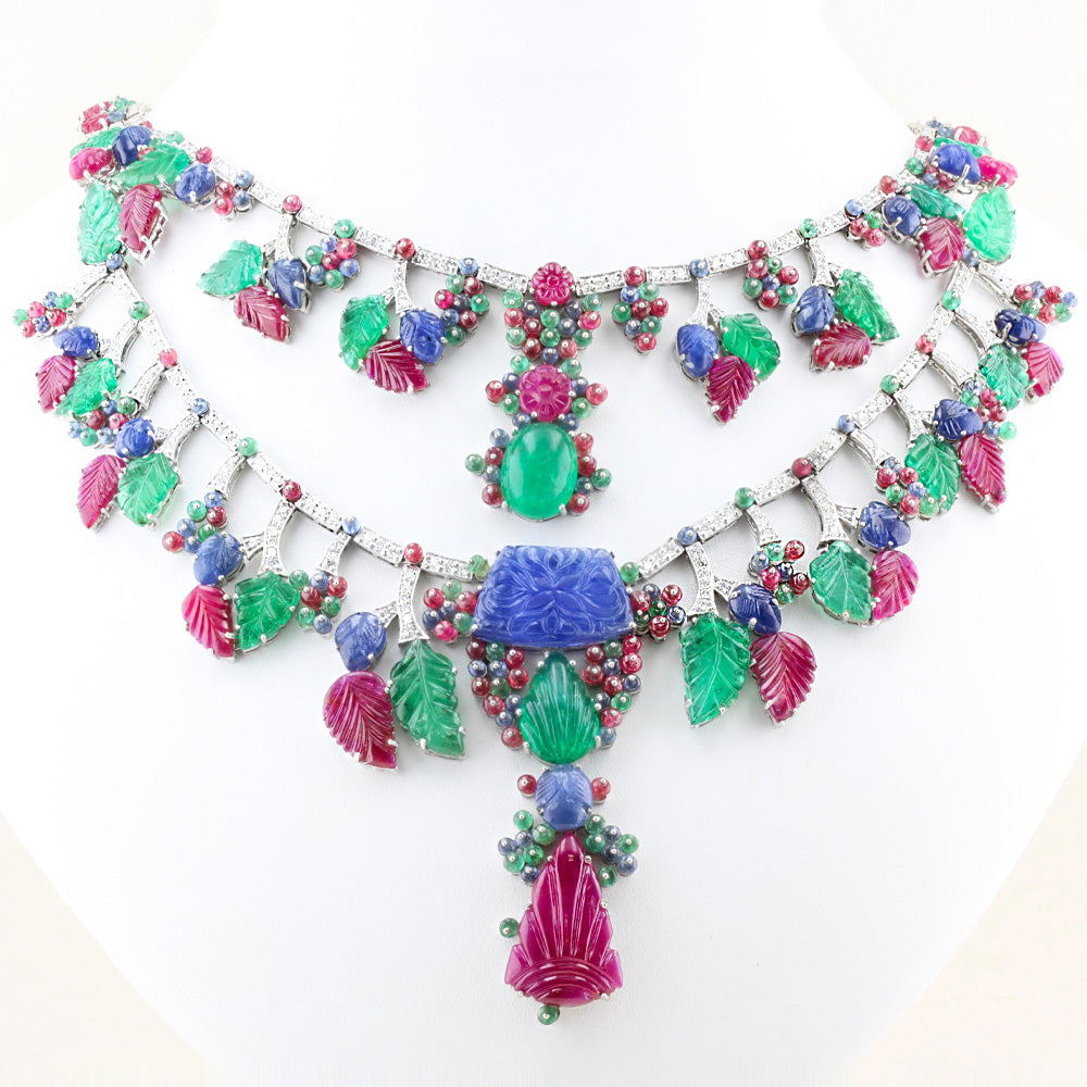 Diamond and Carved Natural Fine Gemstone Necklace