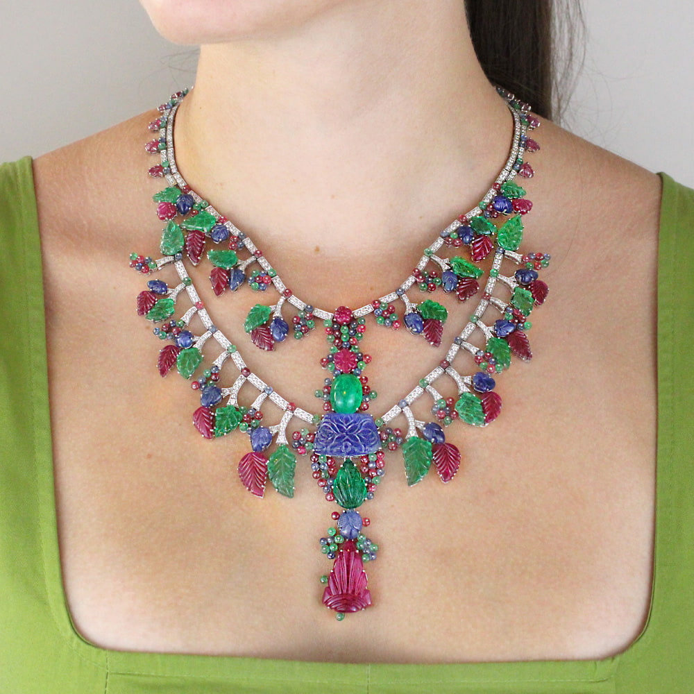 Diamond and Carved Natural Fine Gemstone Necklace