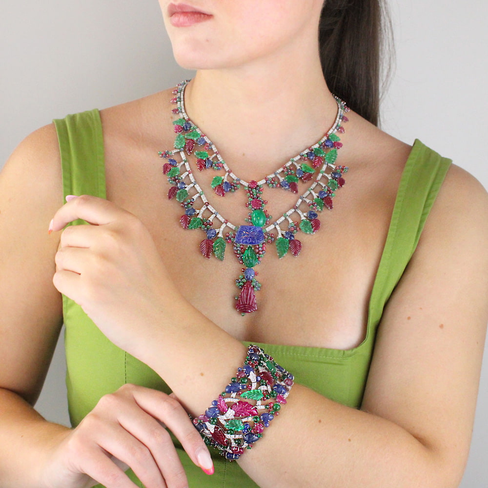 Diamond and Carved Natural Fine Gemstone Necklace