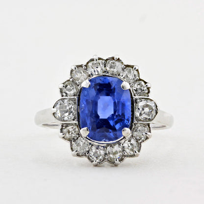 Vintage 3.00ct Sapphire &amp; Old Cut Diamond Cluster Ring