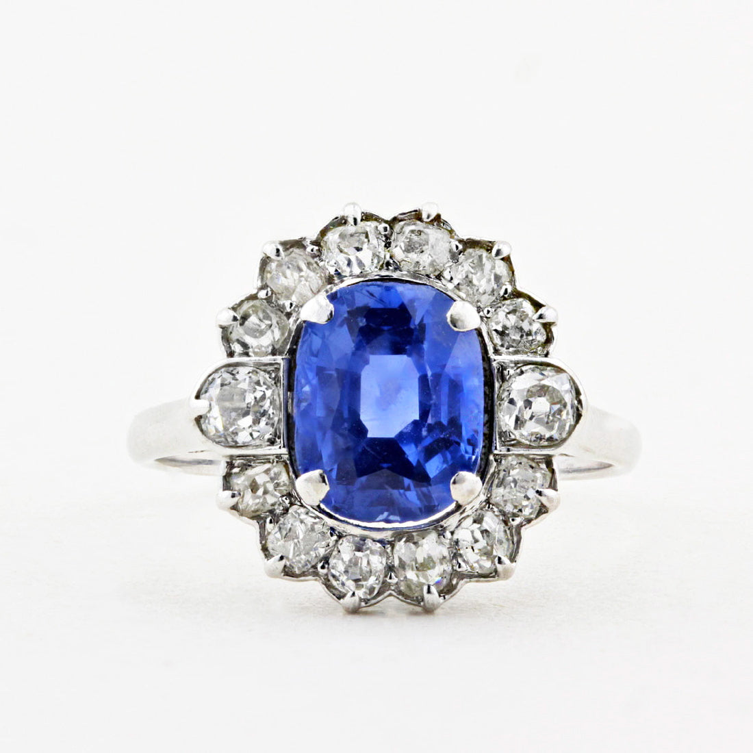 Vintage 3.00ct Sapphire &amp; Old Cut Diamond Cluster Ring