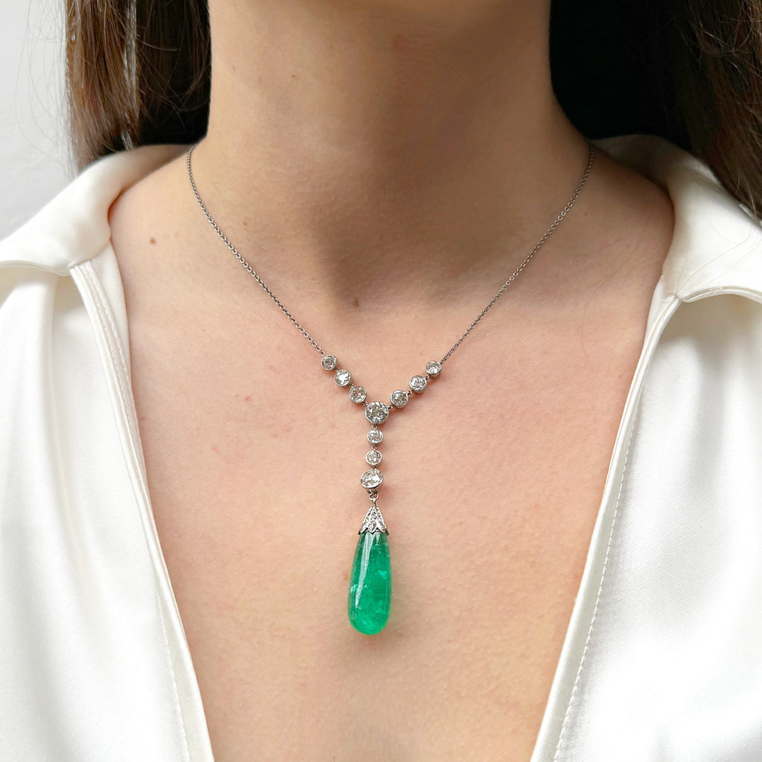 Antique 30ct Emerald and Old Cut Diamond Drop Pendant