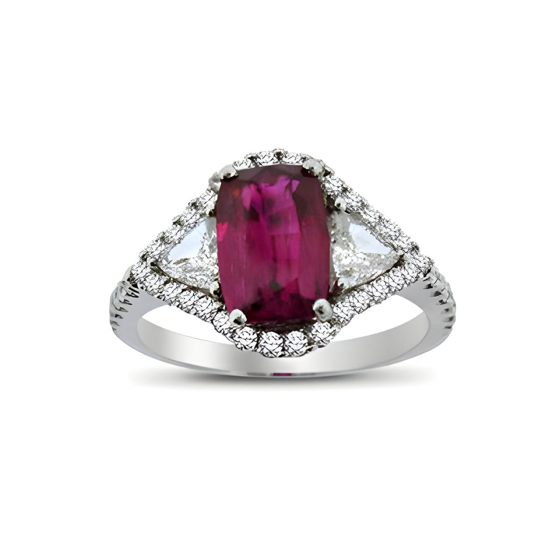 Ruby and Diamond Three Stone Halo Dress Ring