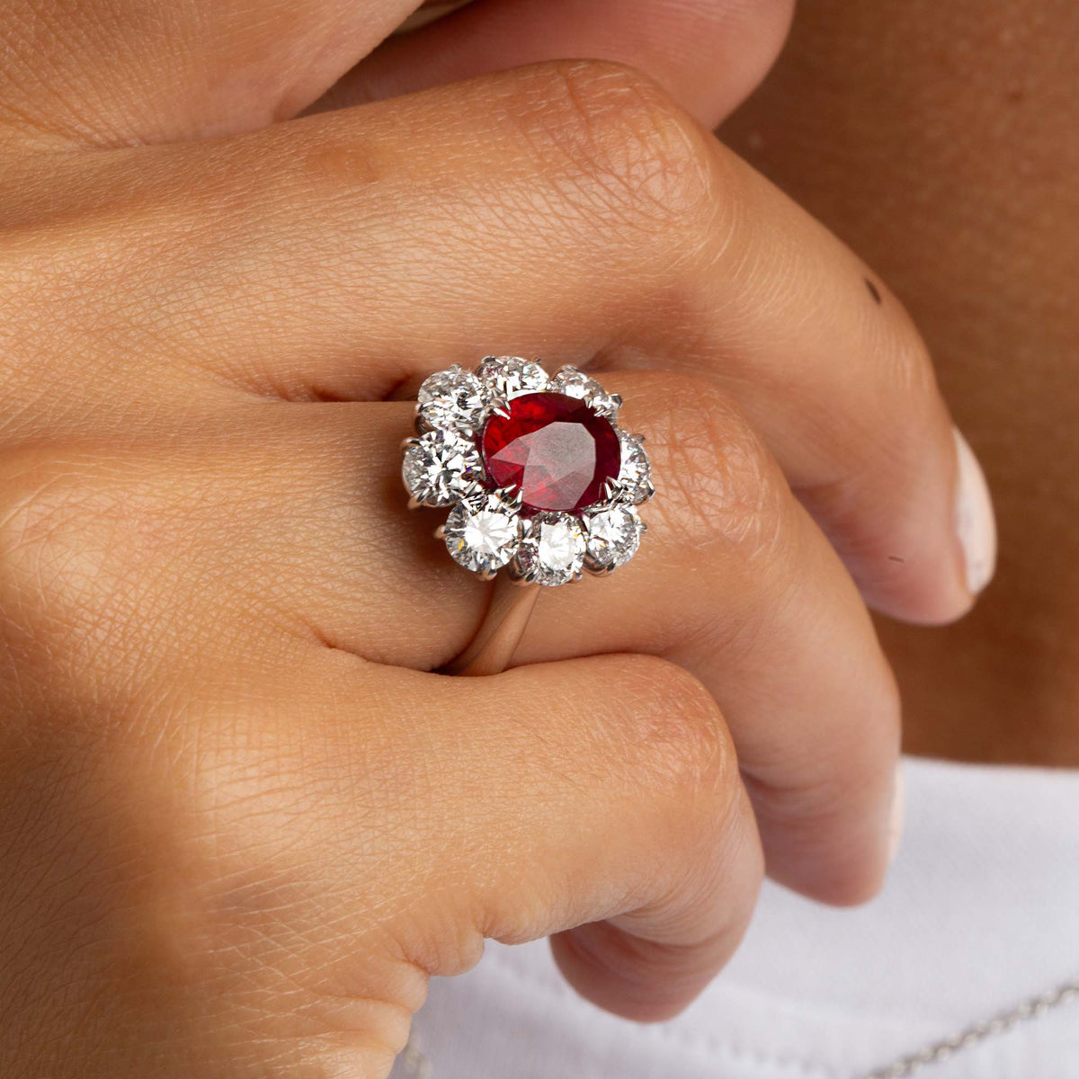 Rare Certified Burma Ruby and Diamond Cluster Ring