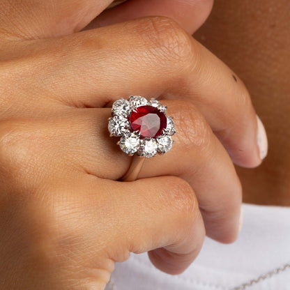 Rare Certified Burma Ruby and Diamond Cluster Ring
