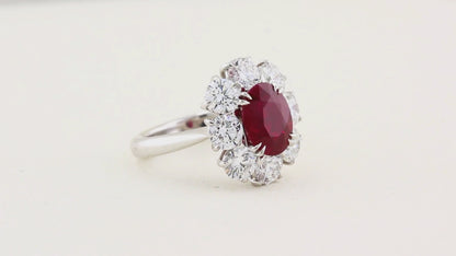 Rare Certified Burma Ruby and Diamond Cluster Ring