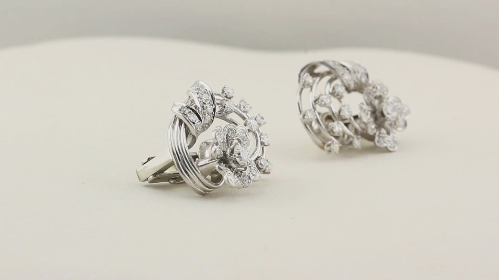 Vintage French Floral Design Diamond Earrings C.1950s