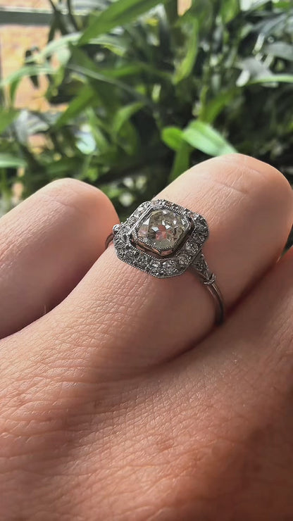Vintage 1.20ct Old Mine Cushion Cut Diamond Cluster Ring