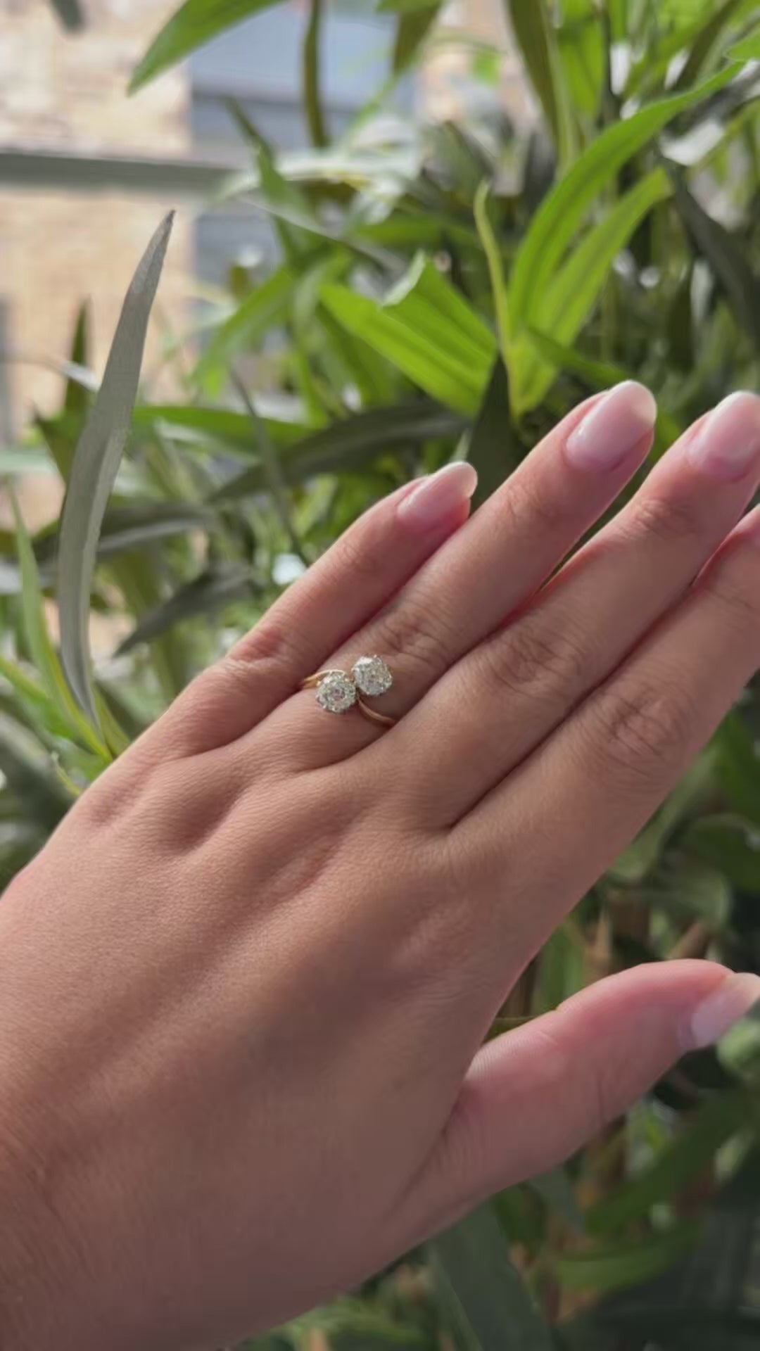 Old Cut Diamond Two Stone Wave Ring