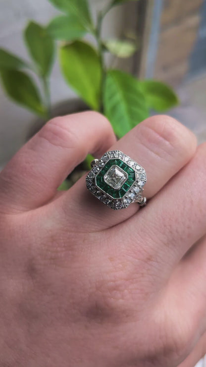 Art Deco Style Diamond and Emerald Target Ring